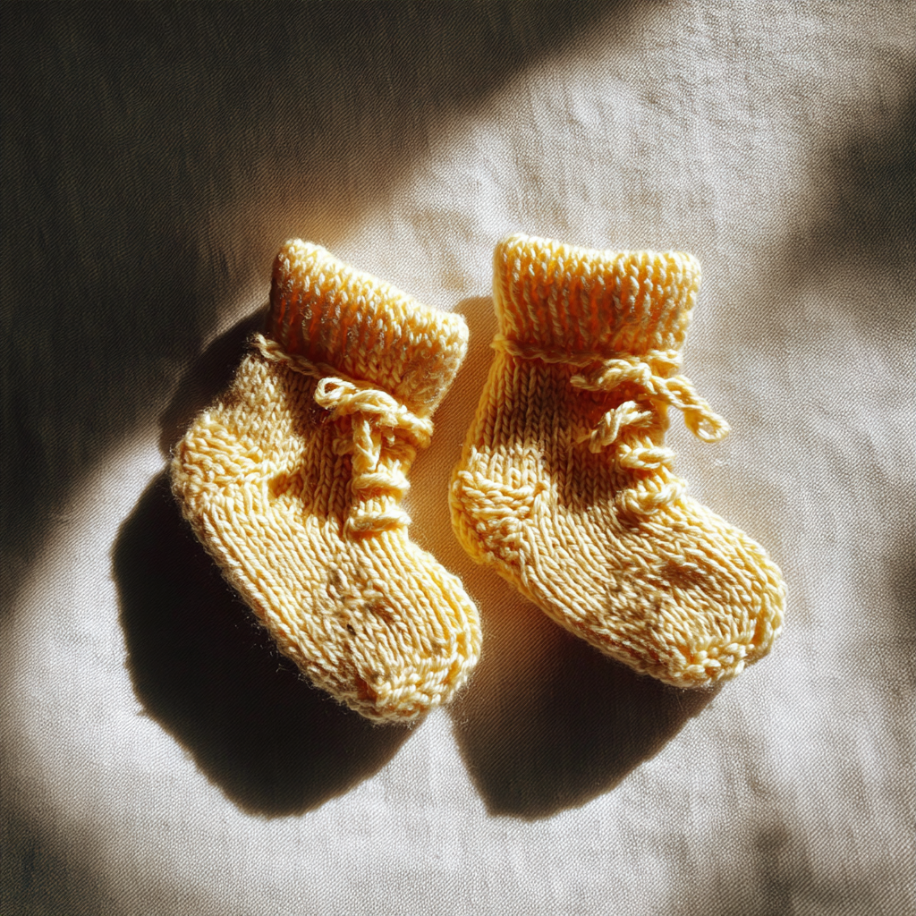 A pair of yellow crocheted newborn socks | Source: Midjourney