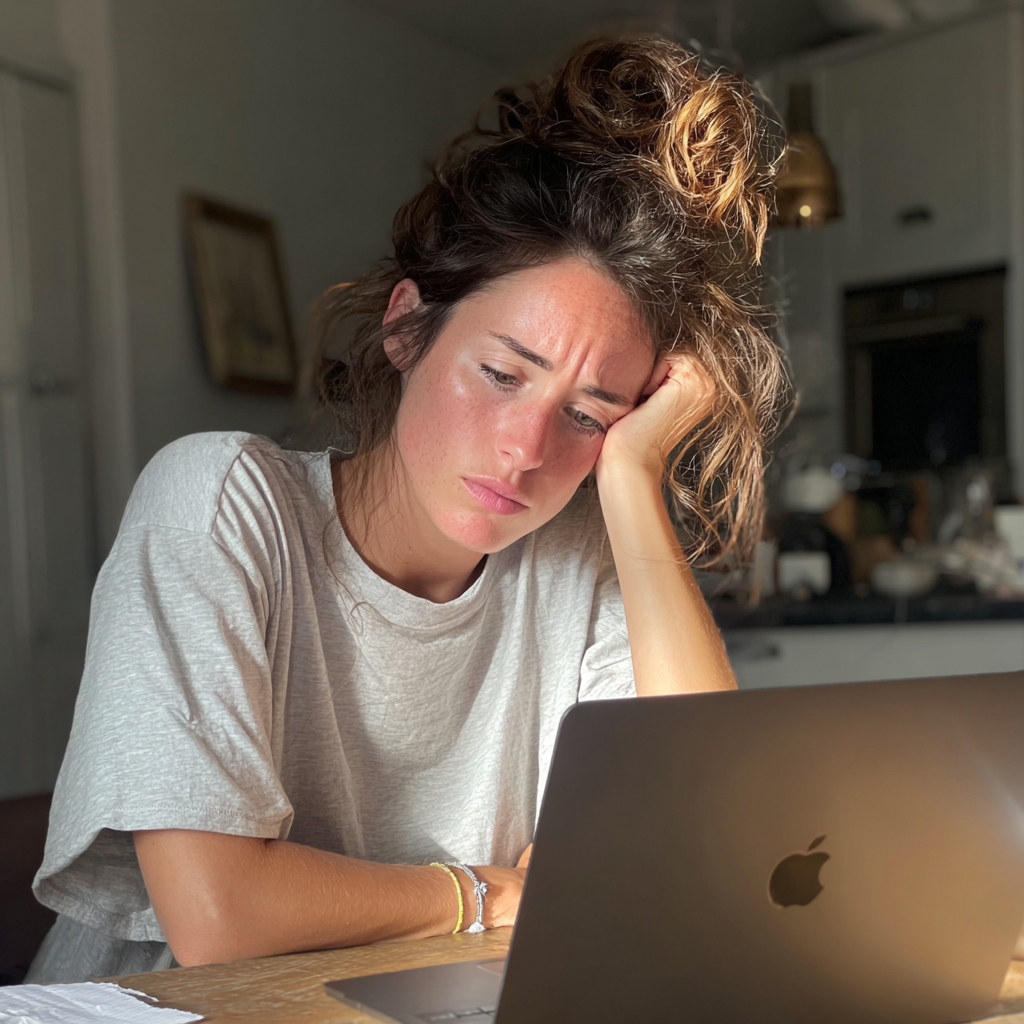 An exhausted woman using her laptop | Source: Midjourney