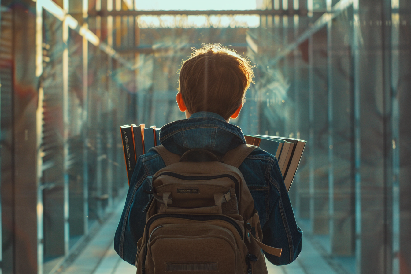 A boy carrying many books | Source: Midjourney