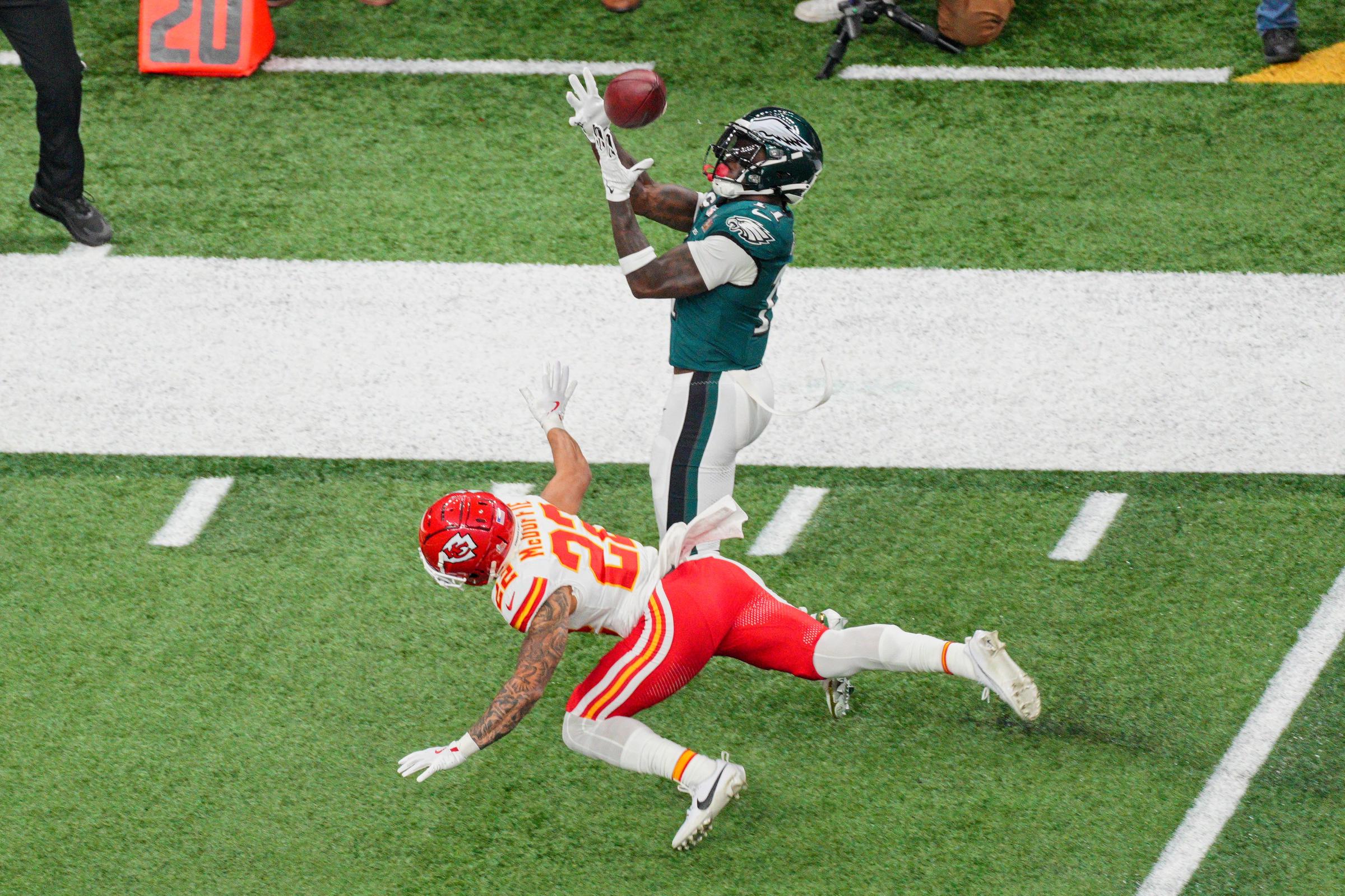 A.J. Brown of the Philadelphia Eagles catching a pass during Super Bowl LIX on February 9, 2025, in New Orleans. | Source: Getty Images