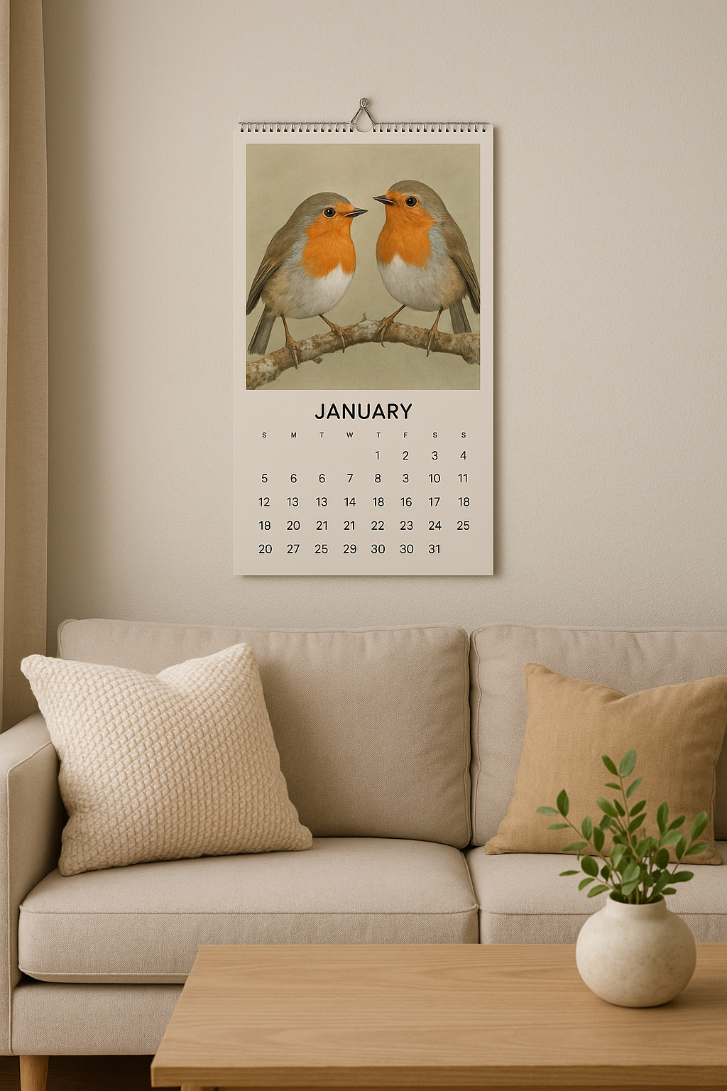 A calendar with an image of robins | Source: DALL-E