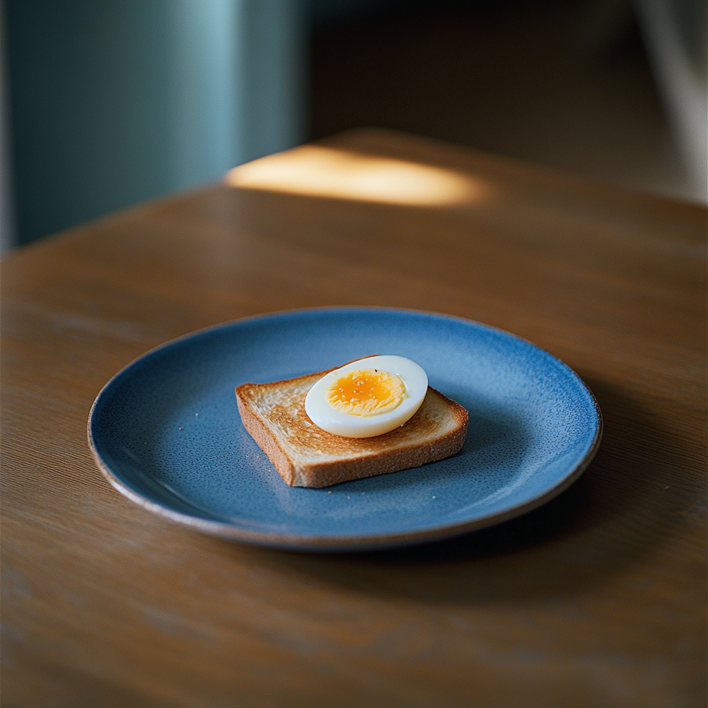 A small plain toast and unseasoned boiled egg lying on a plate | Source: Midjourney