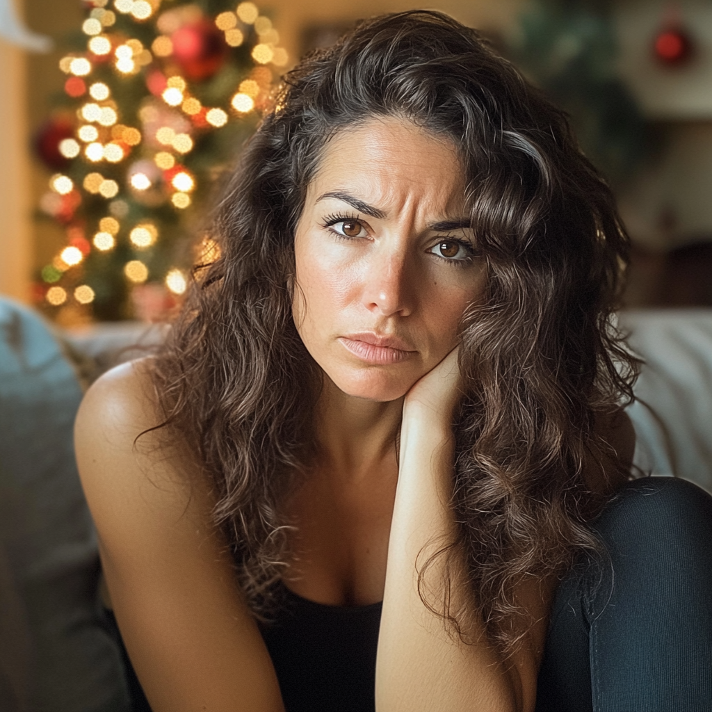 A concerned woman sitting on a couch | Source: Midjourney