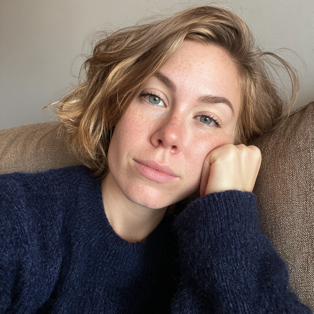 A close up of a woman sitting on a couch | Source: Midjourney