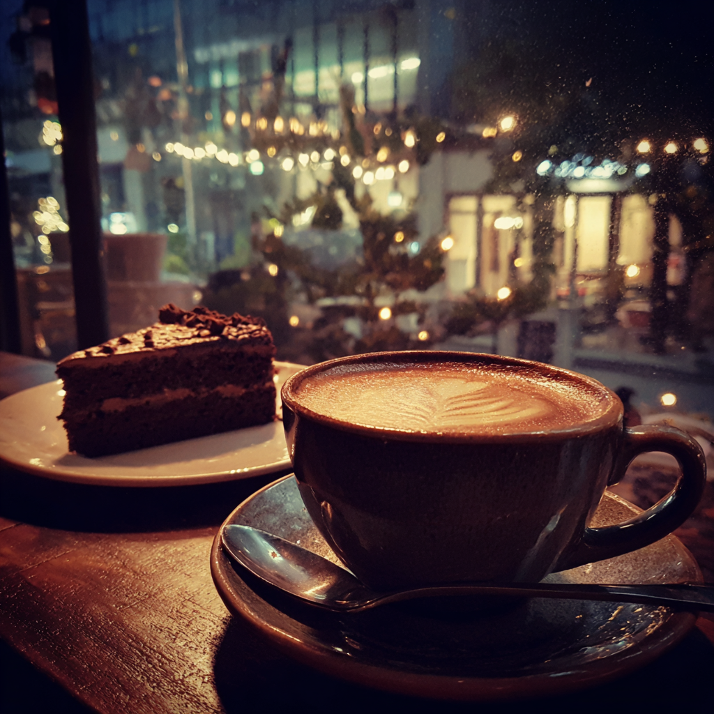 A cup of coffee and a slice of cake in a coffee shop | Source: Midjourney