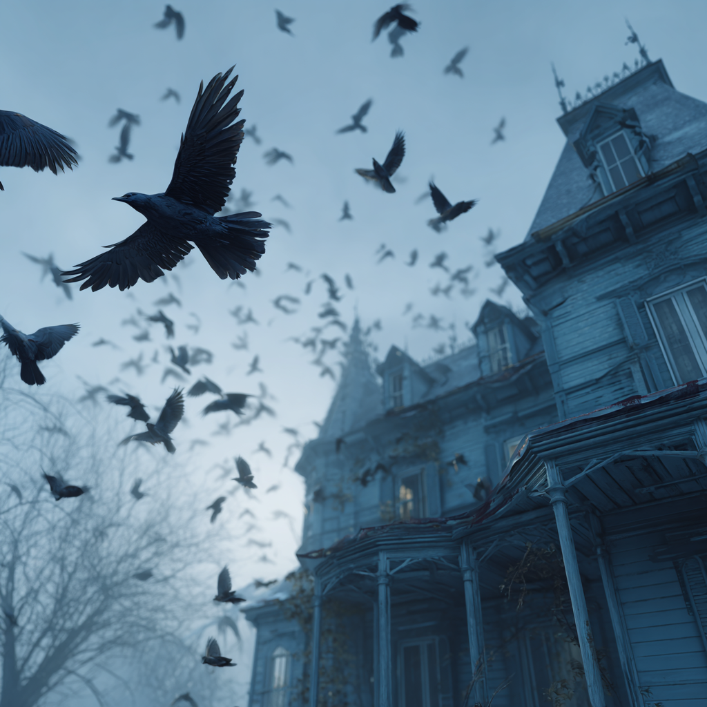 A flock of crows around a house | Source: Midjourney