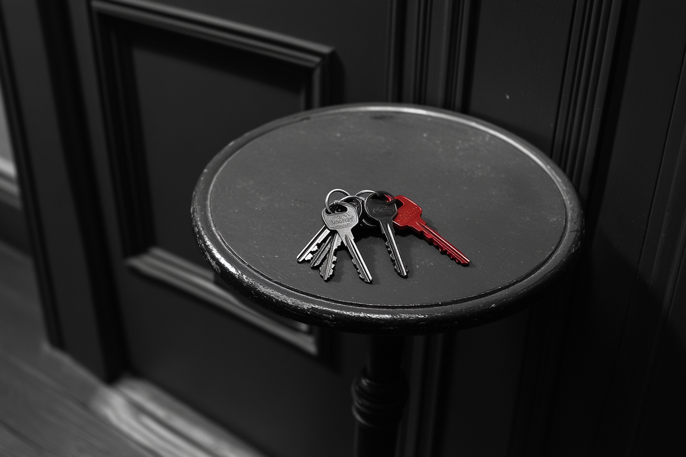 A set of keys on a table by a door | Source: Midjourney