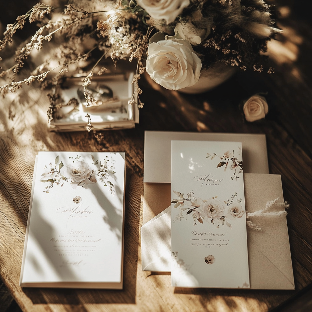 Invitaciones de boda sobre una mesa | Fuente: Midjourney