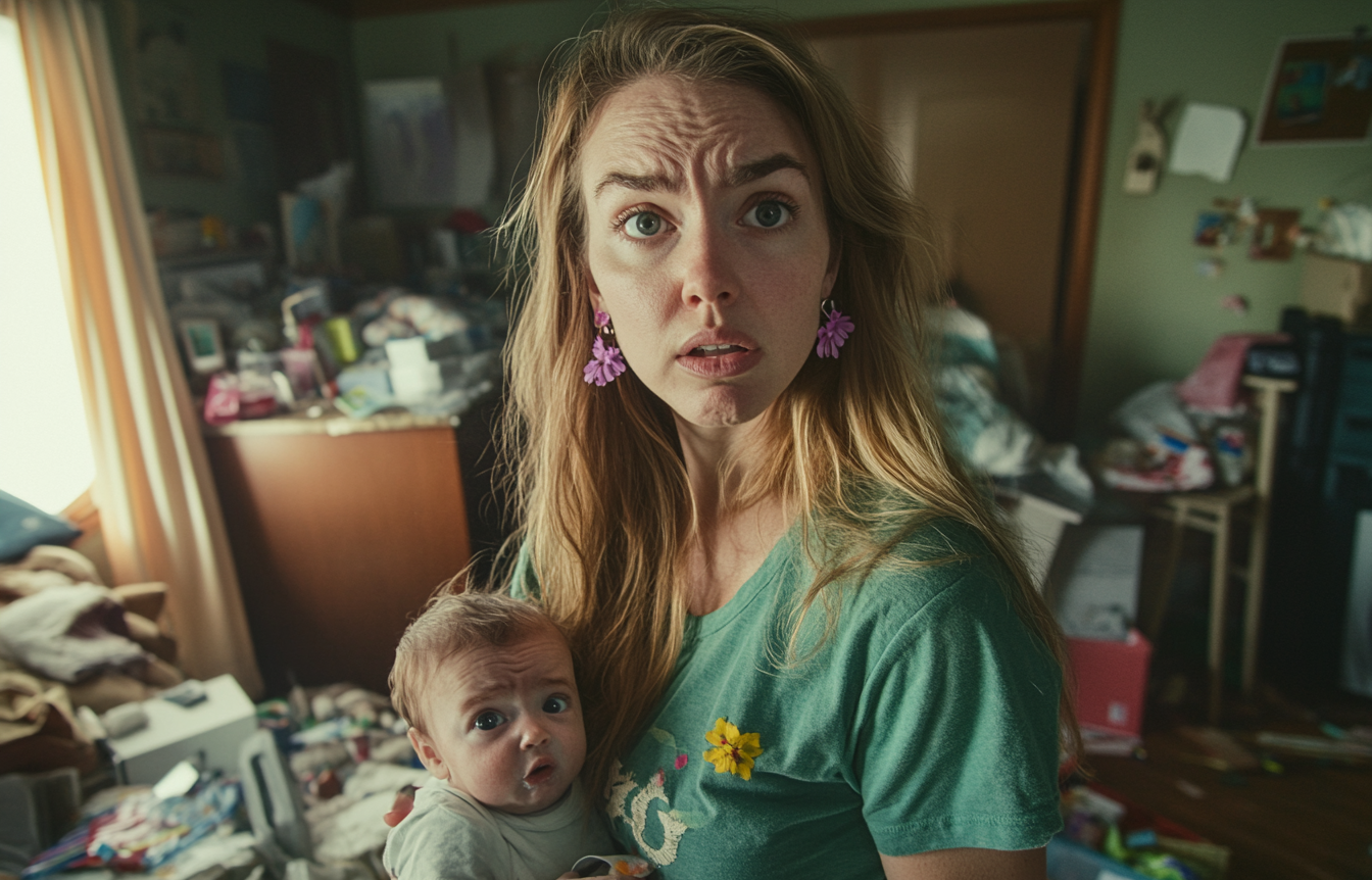 A tired-looking woman in her 30s holding a crying baby in a messy living room | Source: Midjourney