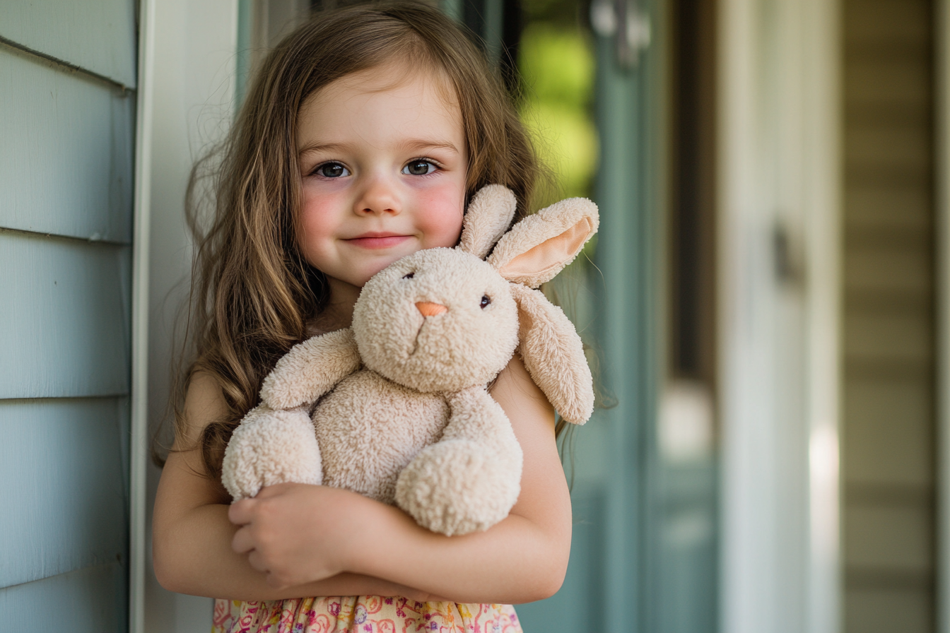 A girl holding a toy rabbit | Source: Midjourney