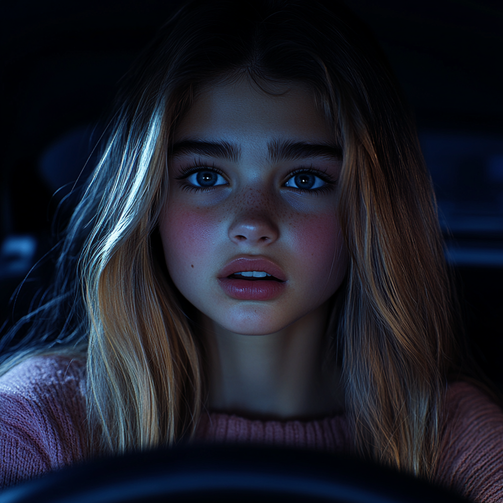 A shocked teenage girl sitting in a car | Source: Midjourney