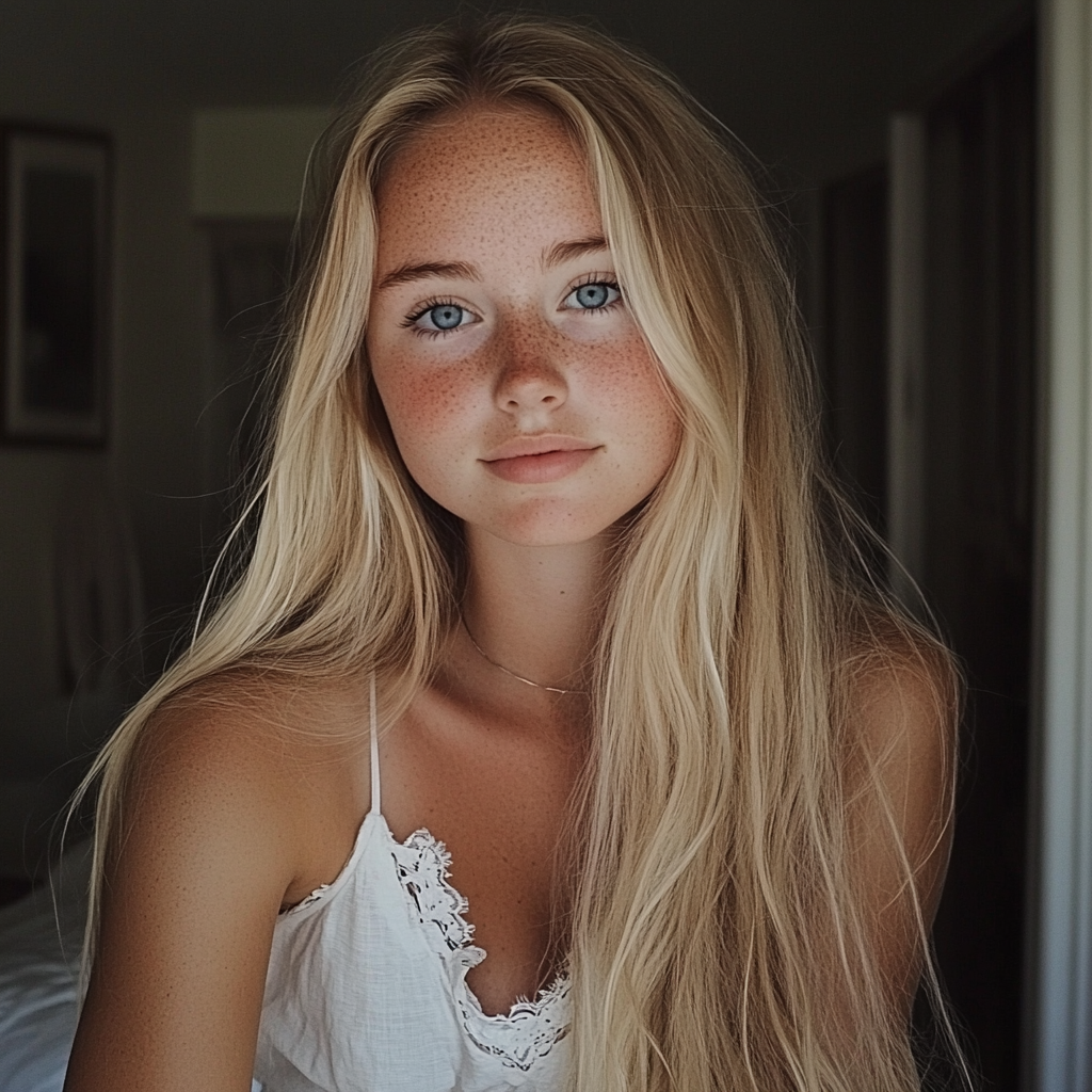 A smiling young woman in her bedroom | Source: Midjourney