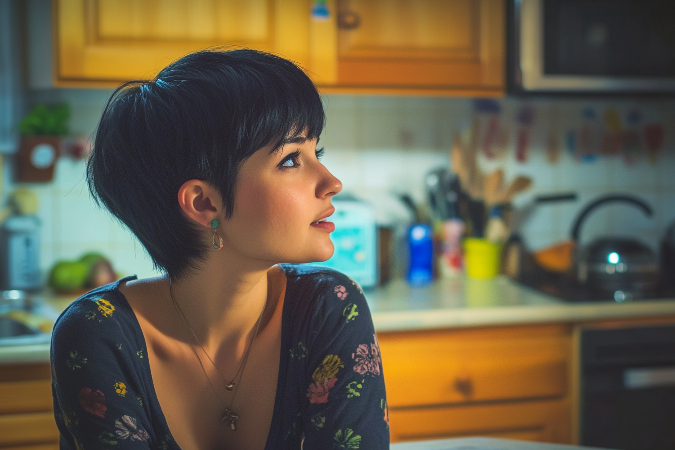 A woman speaking to someone in a kitchen | Source: Midjourney