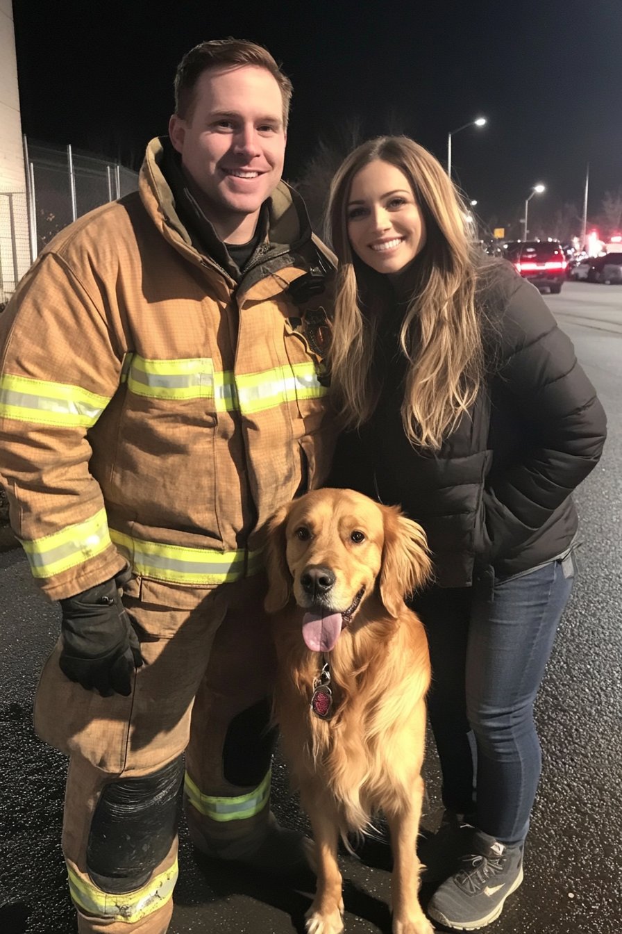 A firefighter, woman and a dog | Source: AmoMama