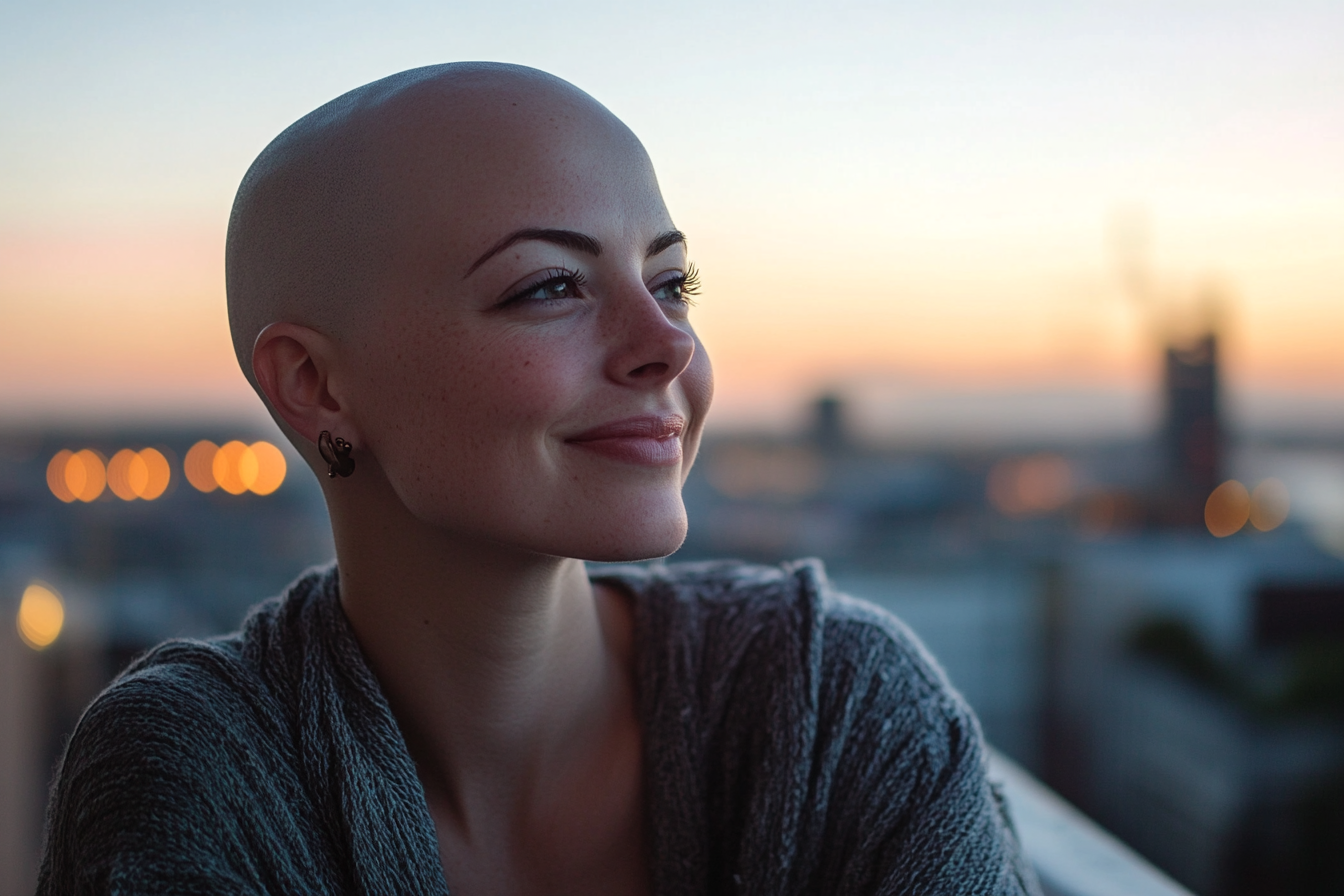 A woman on a balcony smiling confidently | Source: Midjourney