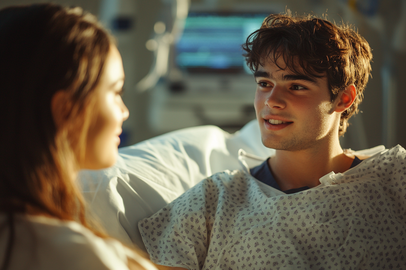 Un patient parle à sa femme dans une chambre d'hôpital | Source : Midjourney