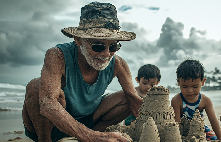 An elderly man building a sandcastle with some children | Source: Midjourney