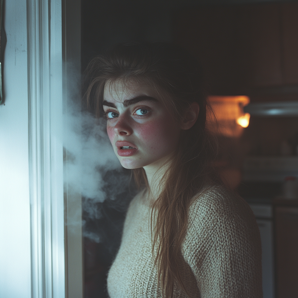 A shocked woman standing by the kitchen door while surrounded by smoke | Source: Midjourney