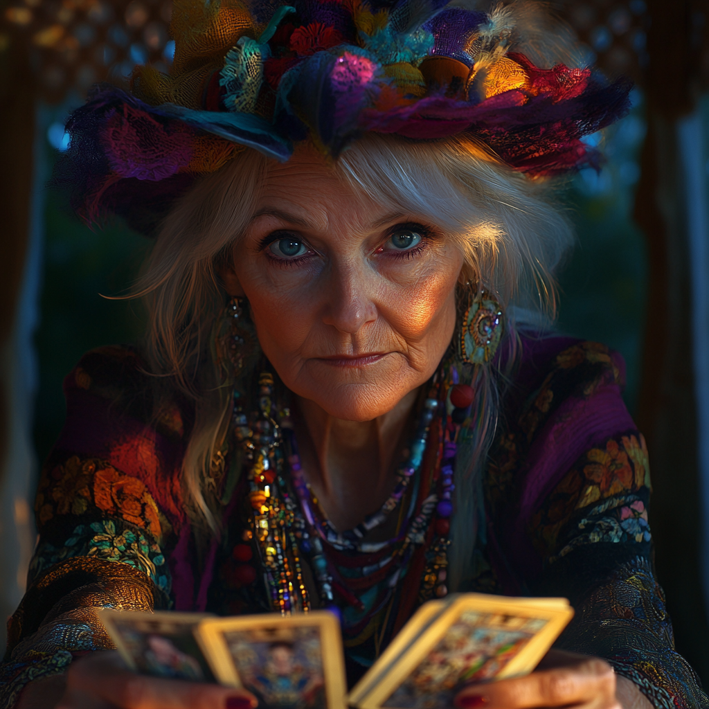 A fortune teller holding tarot cards | Source: Midjourney