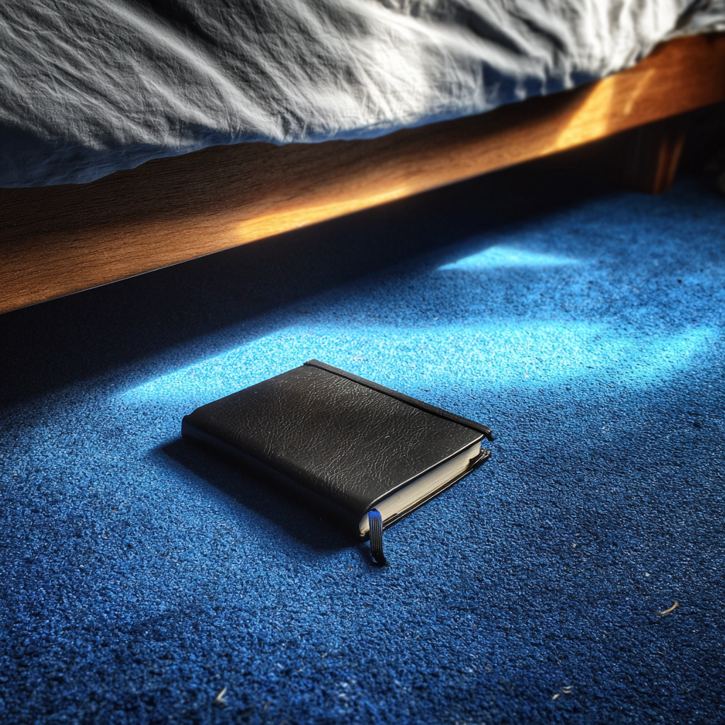 A black notebook on a bedroom floor | Source: Midjourney