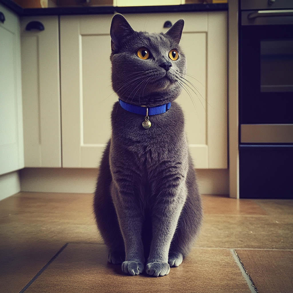 A gray cat with a blue collar | Source: Midjourney