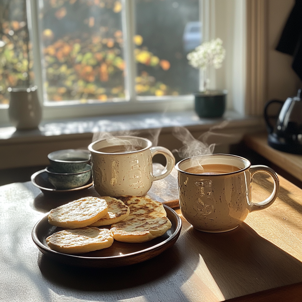 Tea and crumpets on a table | Source: Midjourney