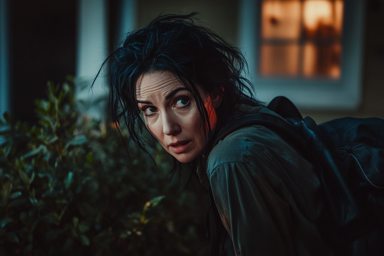 Woman in her 50s hiding in bushes in front of a house at night | Source: Midjourney