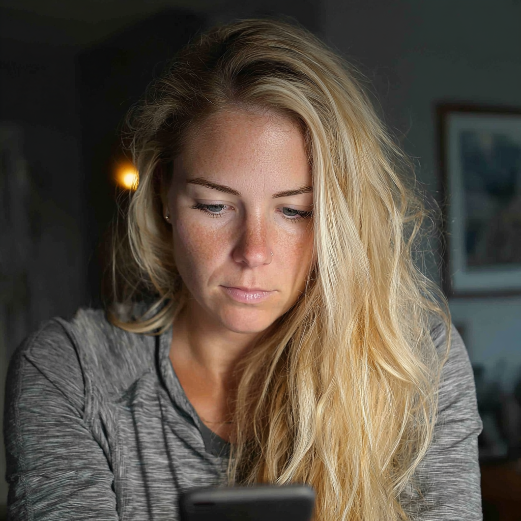 A worried woman using her cellphone | Source: Midjourney