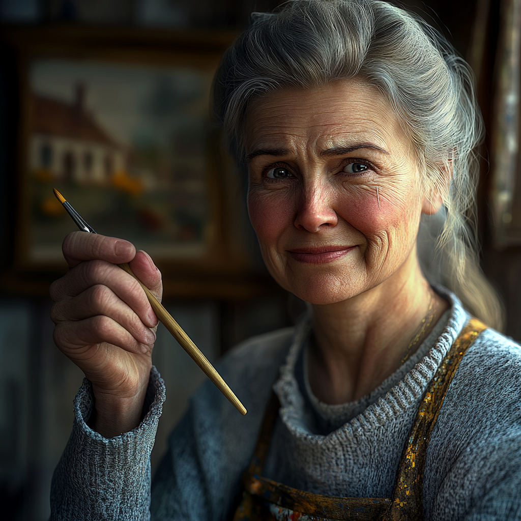 An emotional senior woman holding a paintbrush | Source: Midjourney