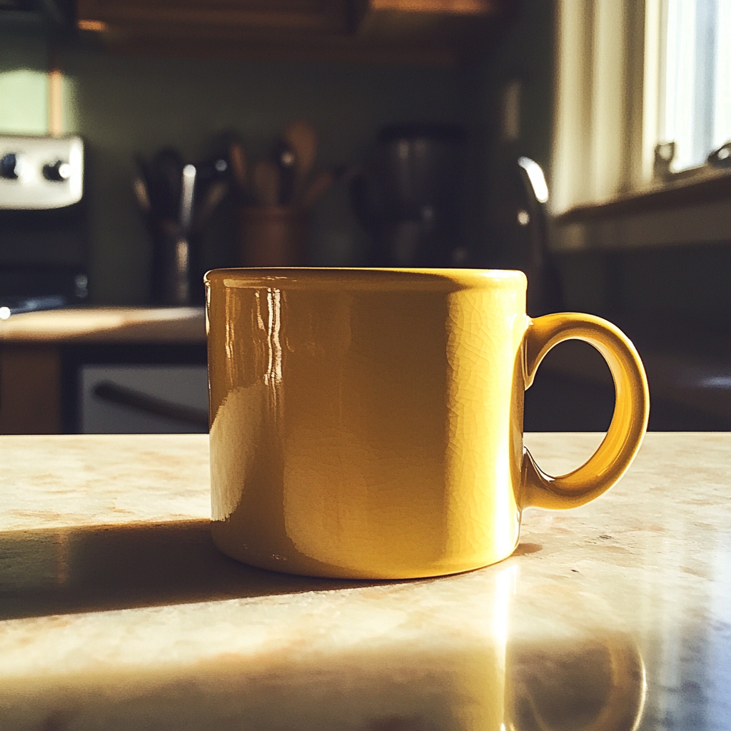 A yellow mug on a kitchen table | Source: Midjourney