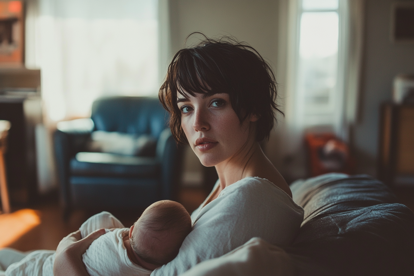 A woman holding a baby speaking to someone | Source: Midjourney