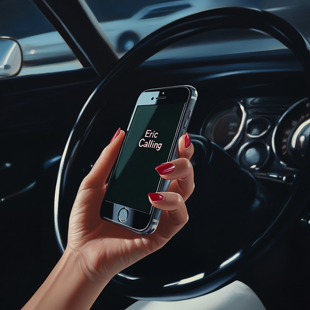 A woman holding a phone flashing an inoming call | Source: Midjourney