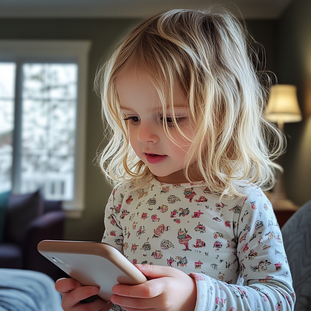 A little girl holding a phone | Source: Midjourney