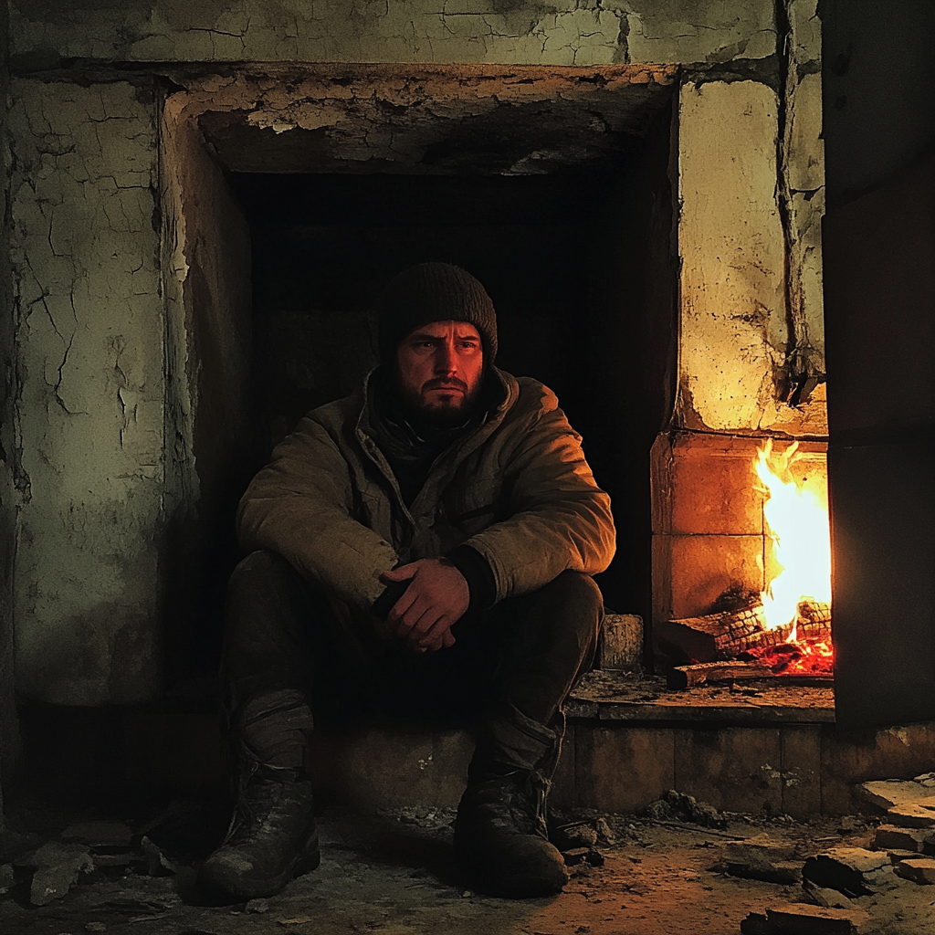 A man sitting next to a fire | Source: Midjourney