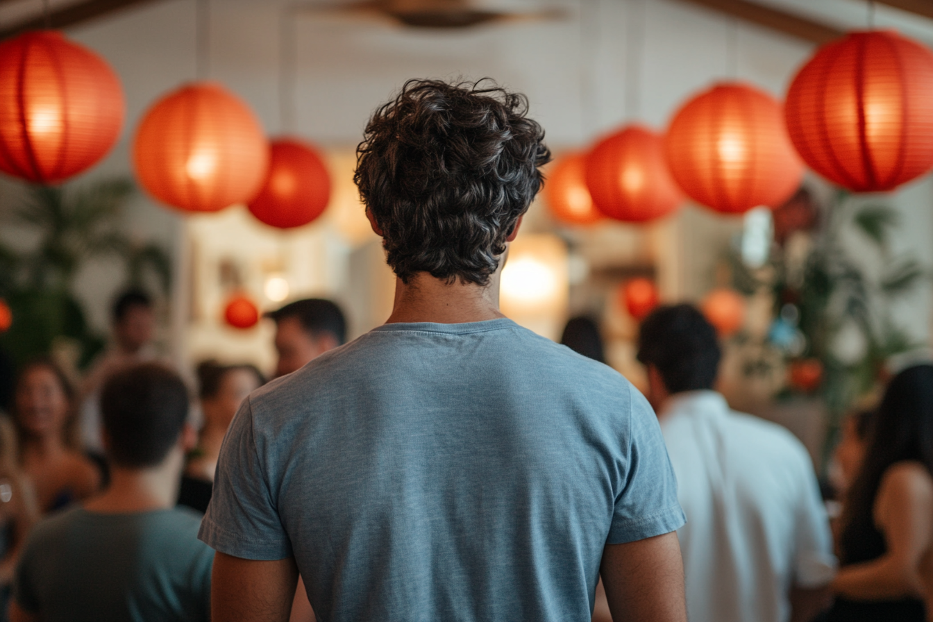 A man walking through the guests at a house party | Source: Midjourney