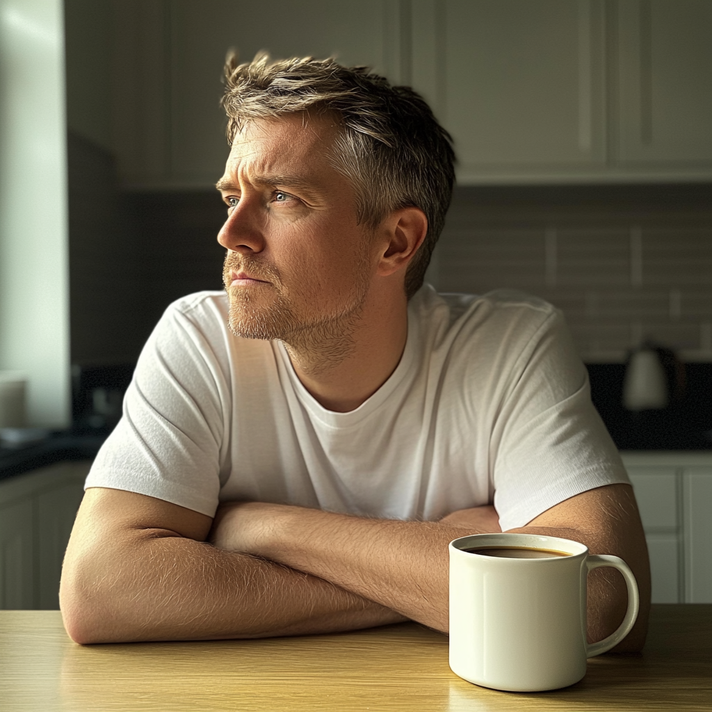 A man sitting at a kitchen counter | Source: Midjourney