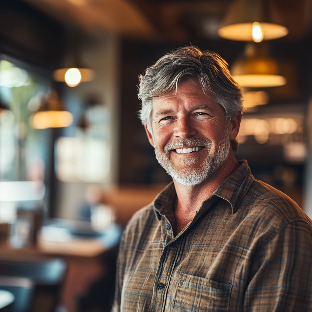 A happy middle-aged man standing in a restaurant | Source: Midjourney