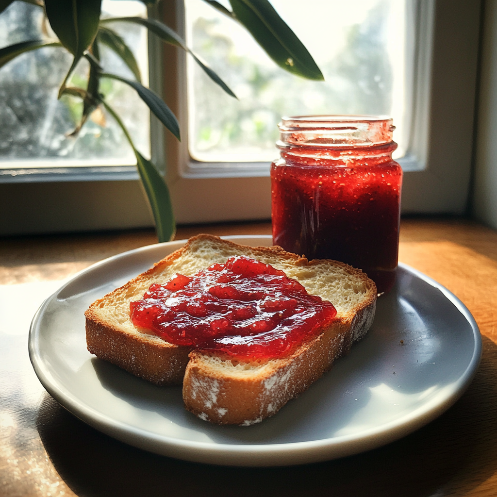 Toast and strawberry jam on a plate | Source: Midjourney