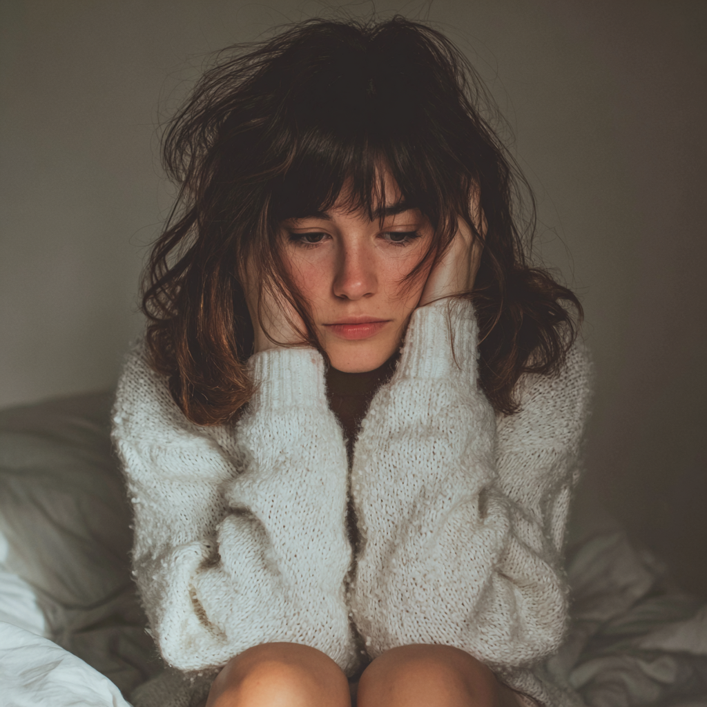 An upset woman holding her head | Source: Midjourney