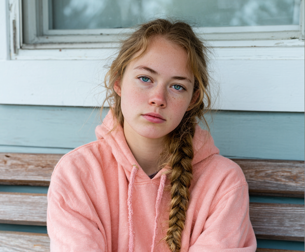 A close up of an upset teenage girl sitting outside | Source: Midjourney
