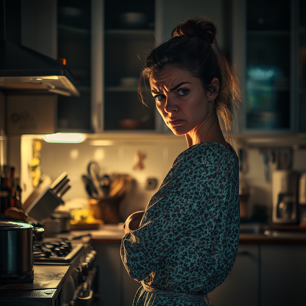 An angry woman standing in her kitchen | Source: Midjourney