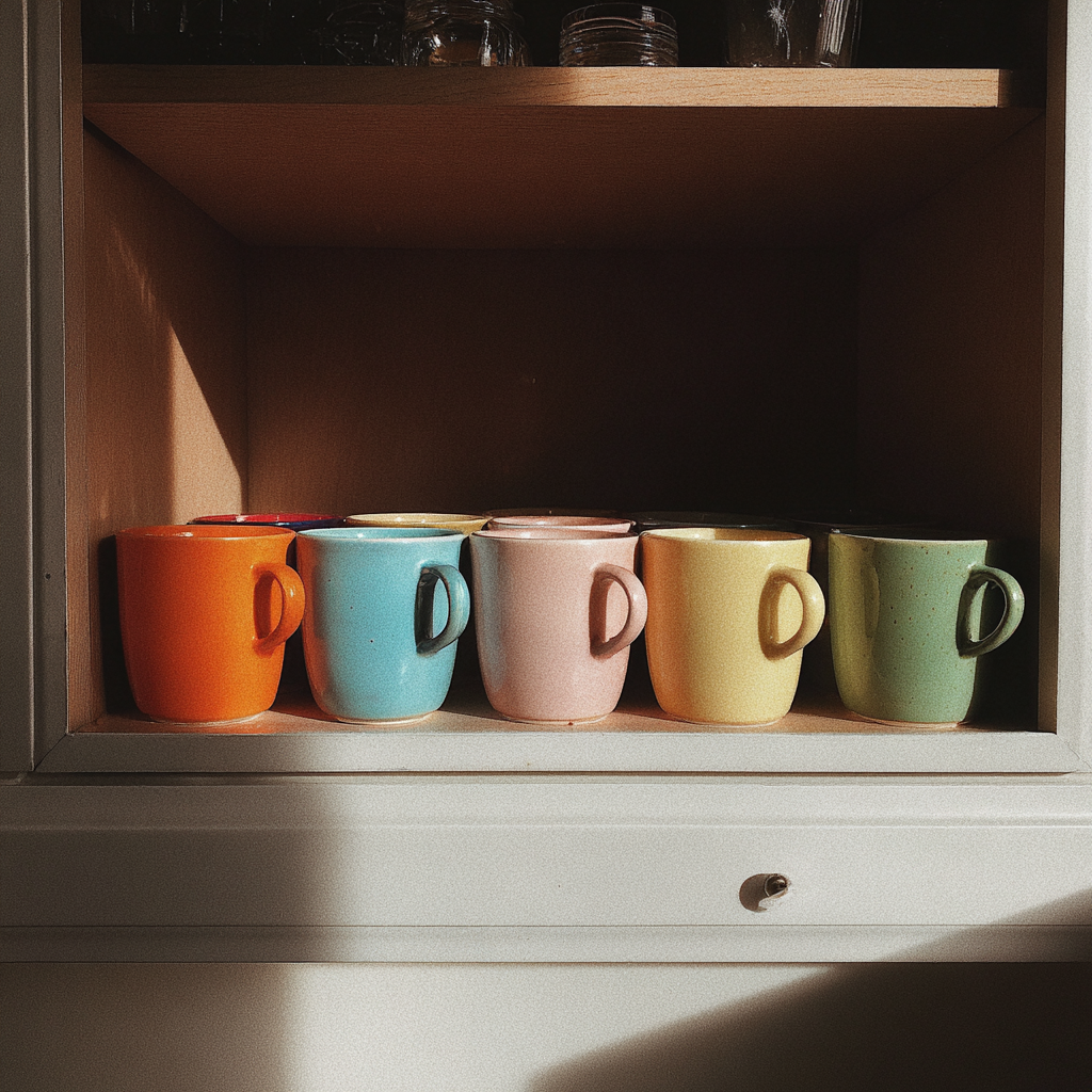 A row of colorful mugs in a cupboard | Source: Midjourney