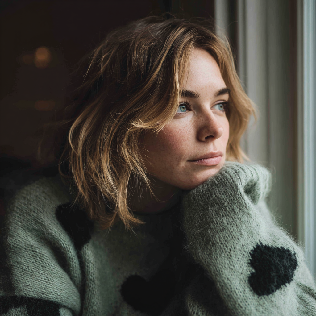 A pensive woman looking out a window | Source: Midjourney