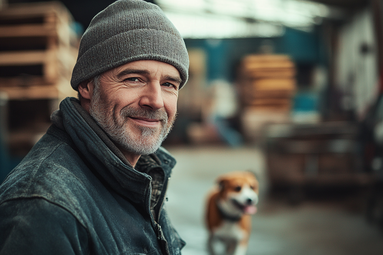 Homem na casa dos 50 anos sorrindo em um armazém com um cachorro correndo ao fundo | Fonte: Midjourney