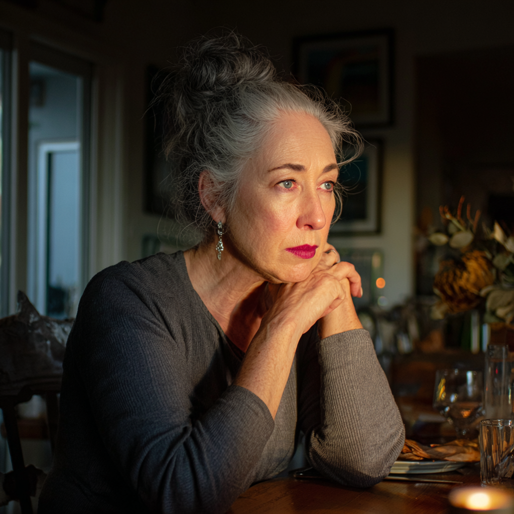 An older woman sitting at a table | Source: Midjourney