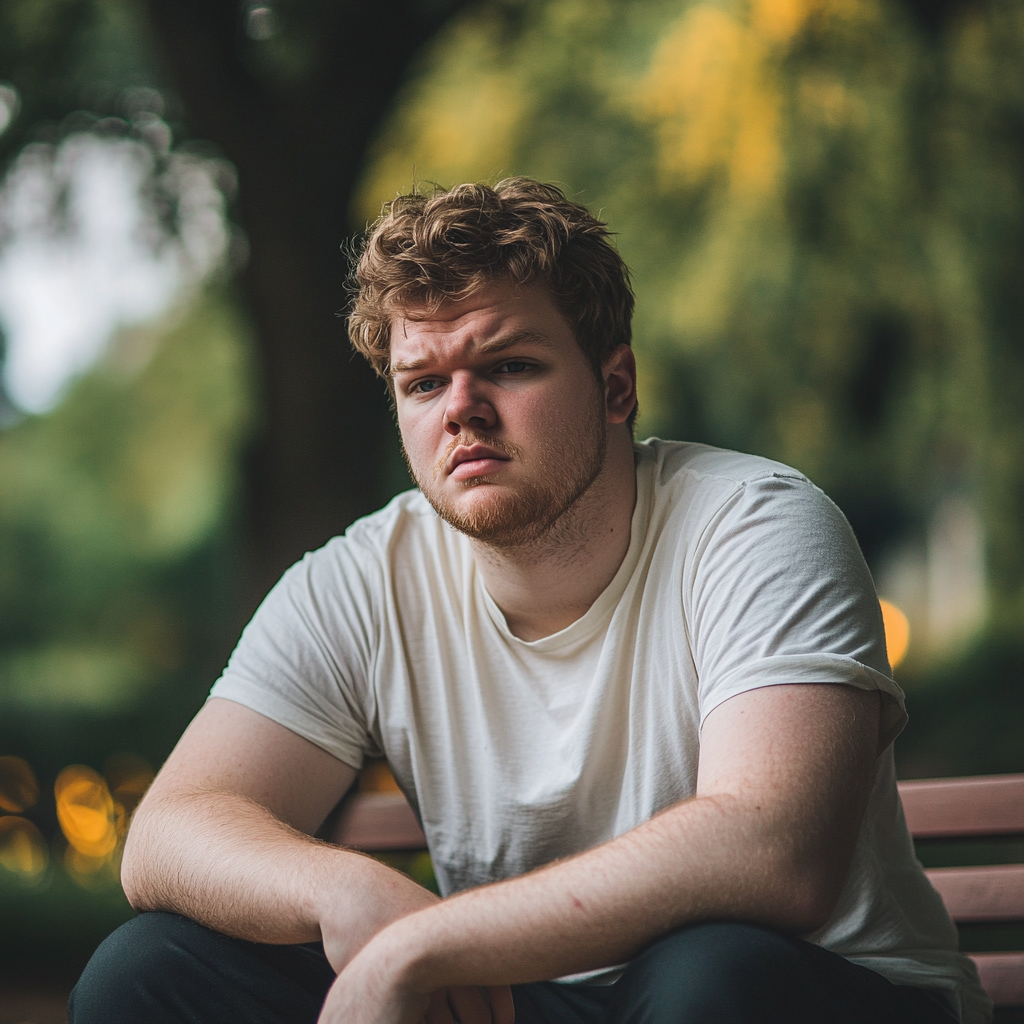 A sad man sitting on a bench in a park | Source: Midjourney