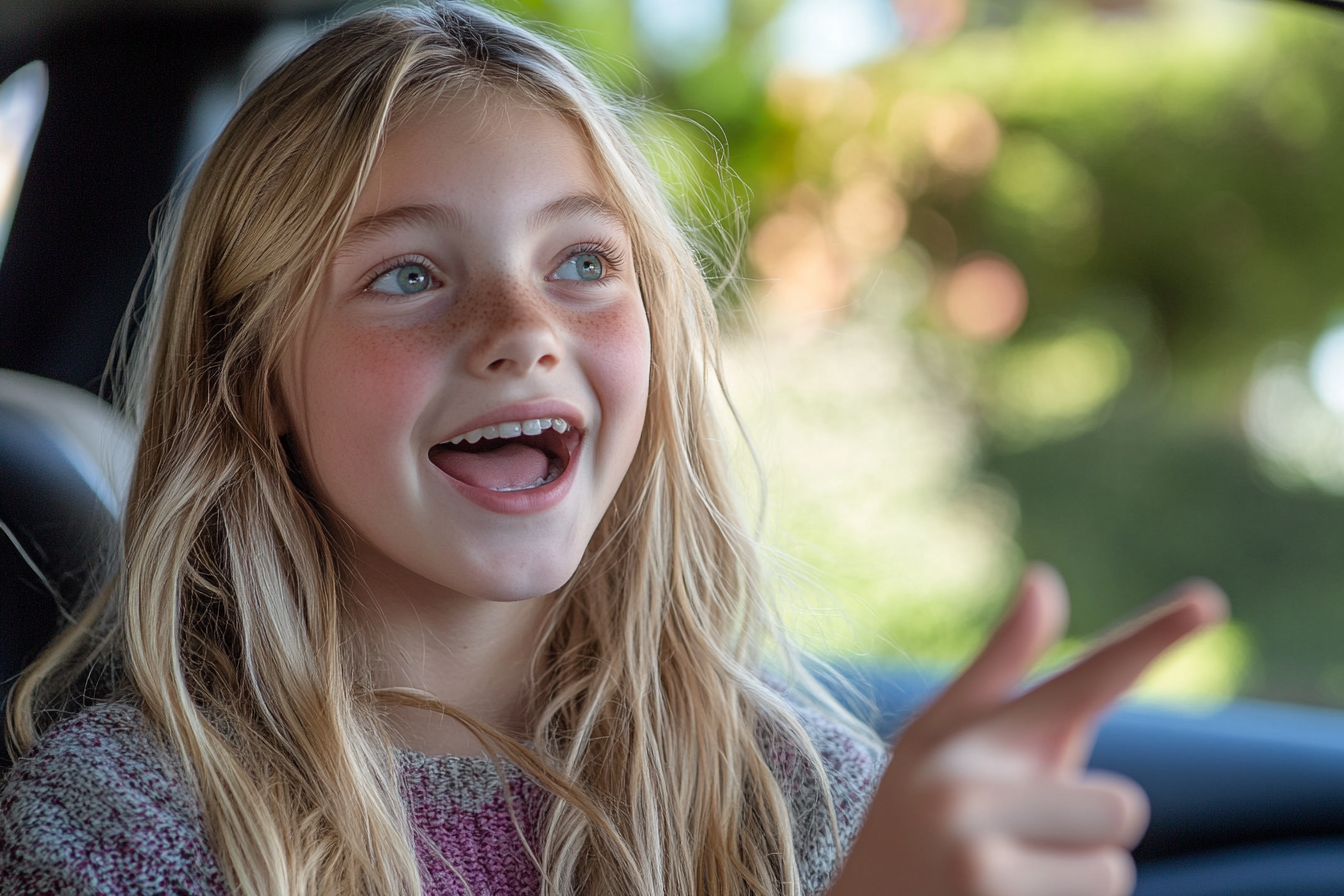 A girl speaking excitedly in a car | Source: Midjourney