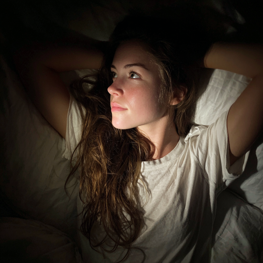 A pensive woman laying in her bed | Source: Midjourney