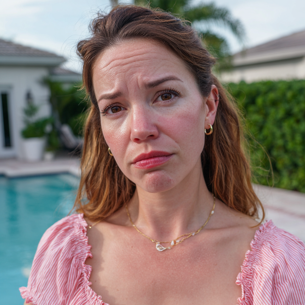 An upset woman wearing a pink dress and standing outside | Source: Midjourney