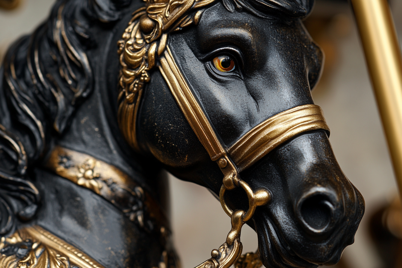 Close up of a black and gold carousel horse | Source: Midjourney